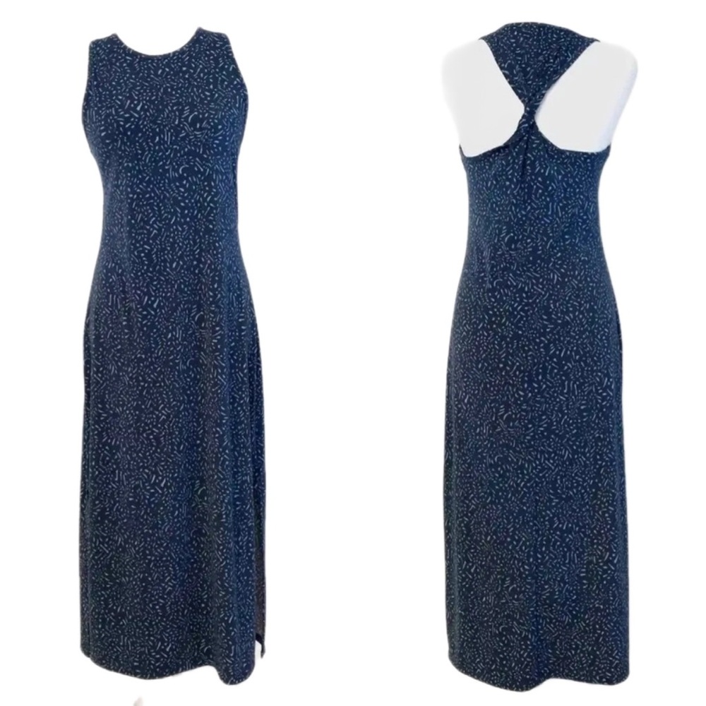 Banana Republic Navy Blue Patterned Maxi Dress with tied open back size large